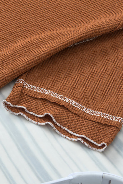 Contrast Seam Frilly Edge Waffle Knit T-Shirt | Chestnut