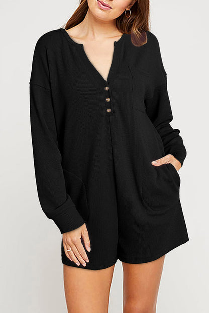 Brushed Ribbed Button Split V Neck Long Sleeve Romper | Black