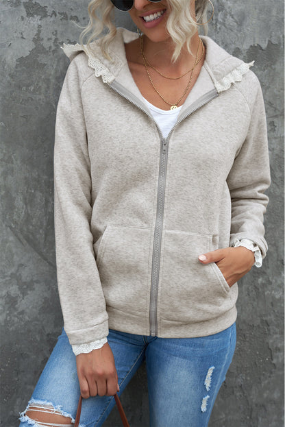 Zip-Up Lace Trim Hooded Coat | Gray