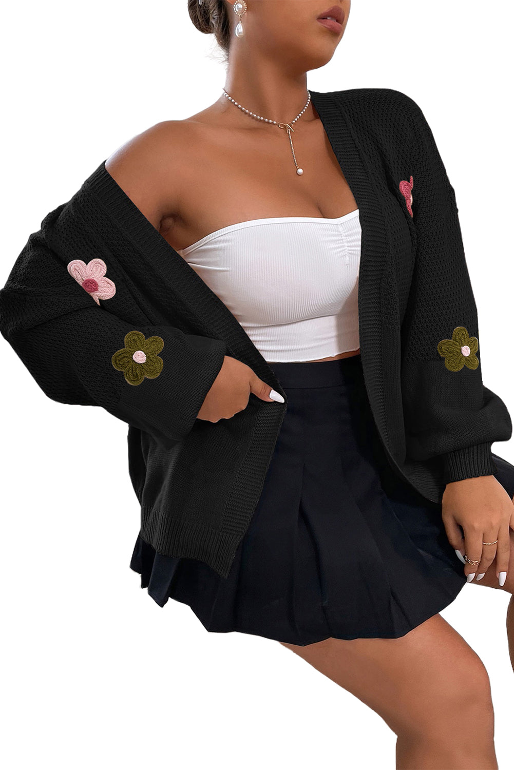 Floral Applique Drop Shoulder Bubble Sleeve Cardigan | Black