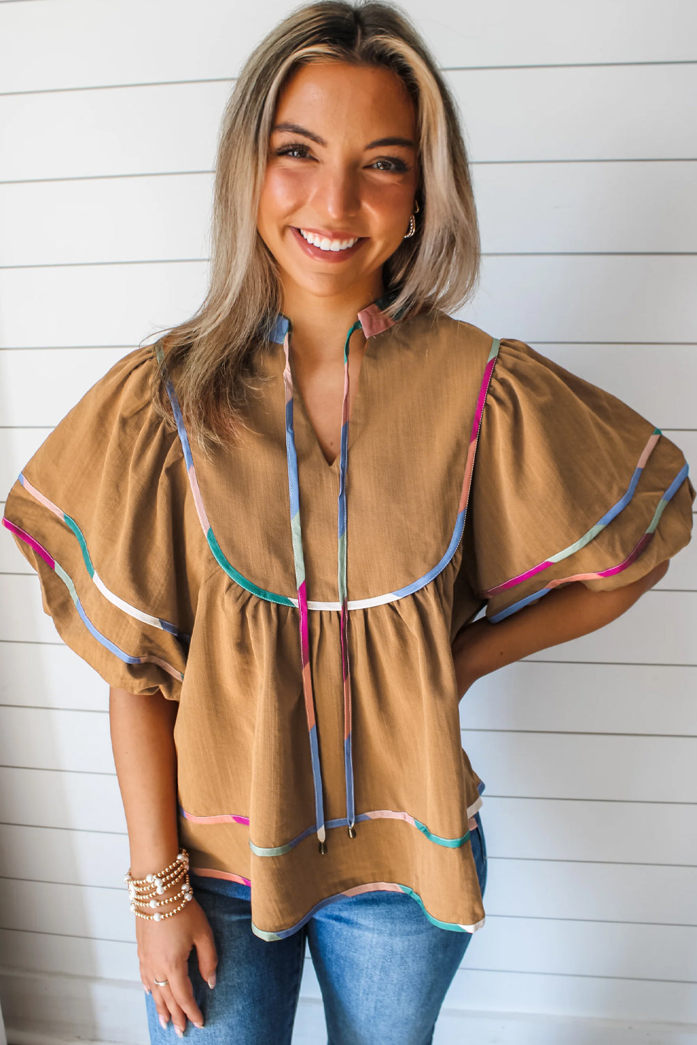 Colourful Trim Wide Short Sleeve V Neck Blouse | Thai Curry