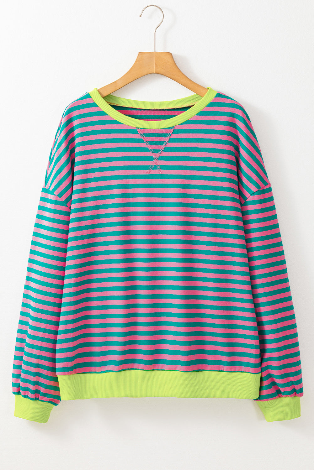 Oversized Contrast Trim Pullover Sweatshirt | Green Stripe