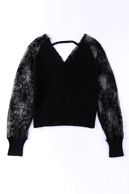 V-Neck Lace Sleeve Pullover Sweater | Black