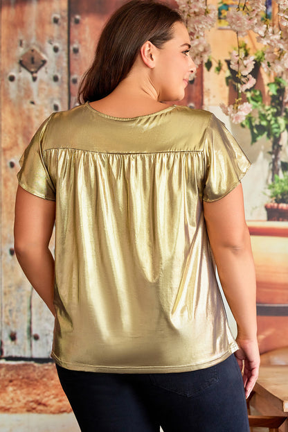 Plus Size Floral Embroidered Short Sleeve Top | Gold