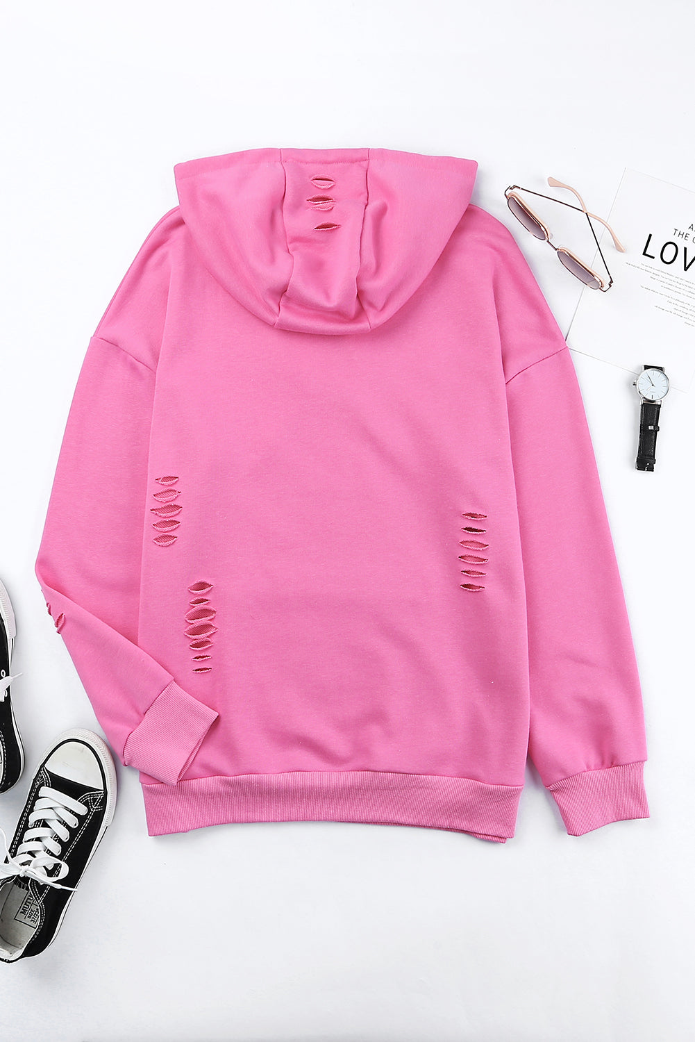 Solid Ripped Hooded Sweatshirt With Kangaroo Pocket | Pink