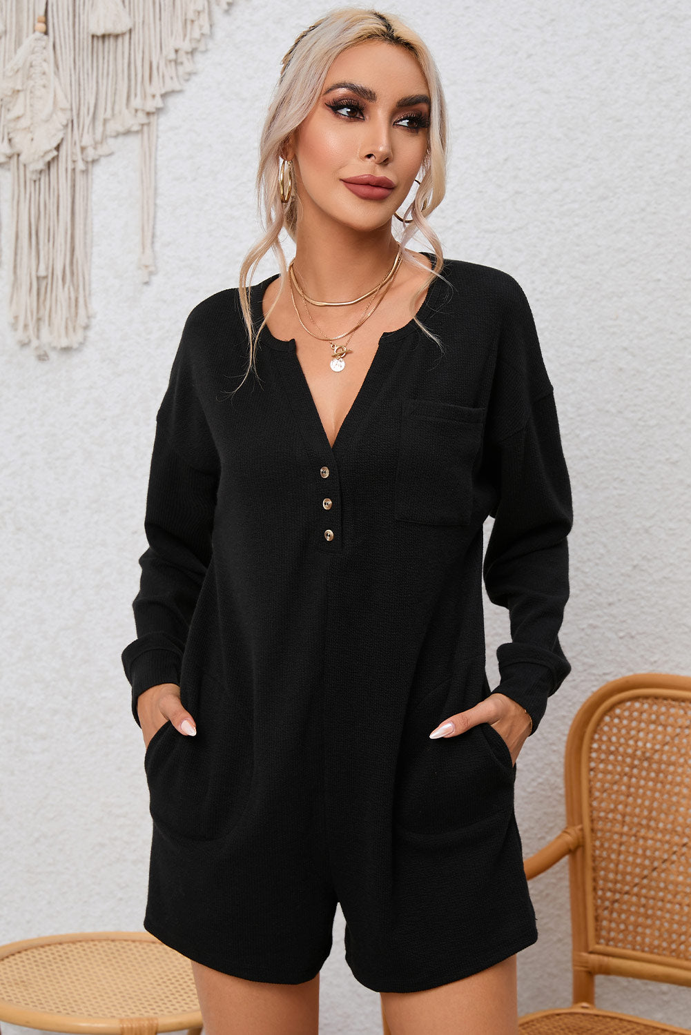 Brushed Ribbed Button Split V Neck Long Sleeve Romper | Black