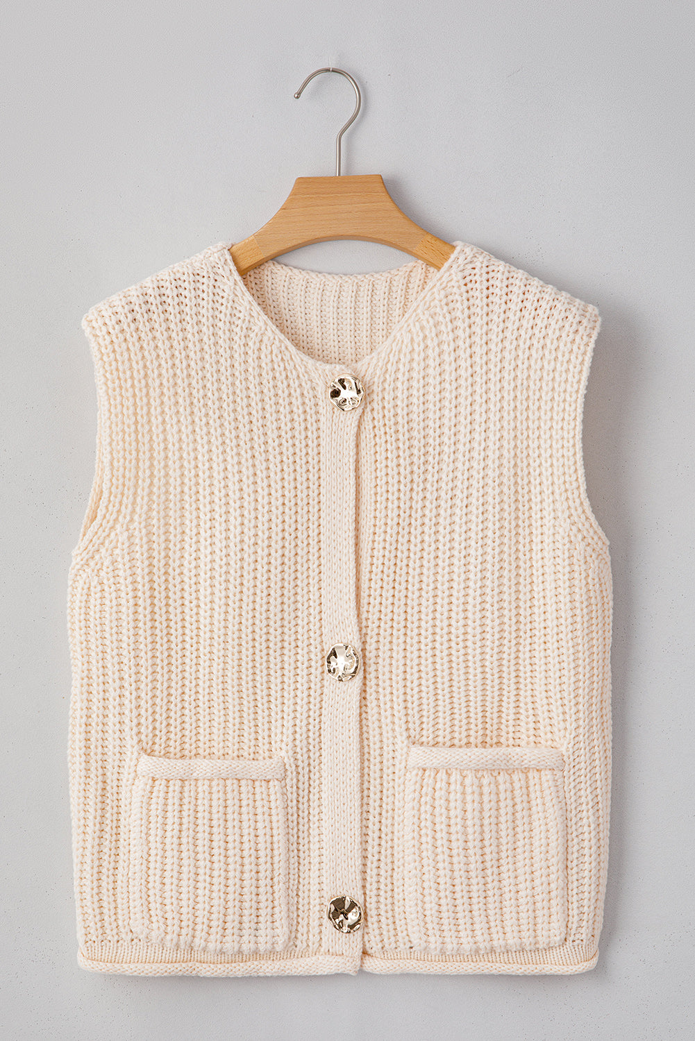 Solid Textured Knit Side Pockets Buttoned Sweater Vest | White