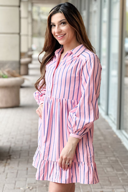 Ruffled Hem Button-Up Collared Shirt Mini Dress | Pink Stripe