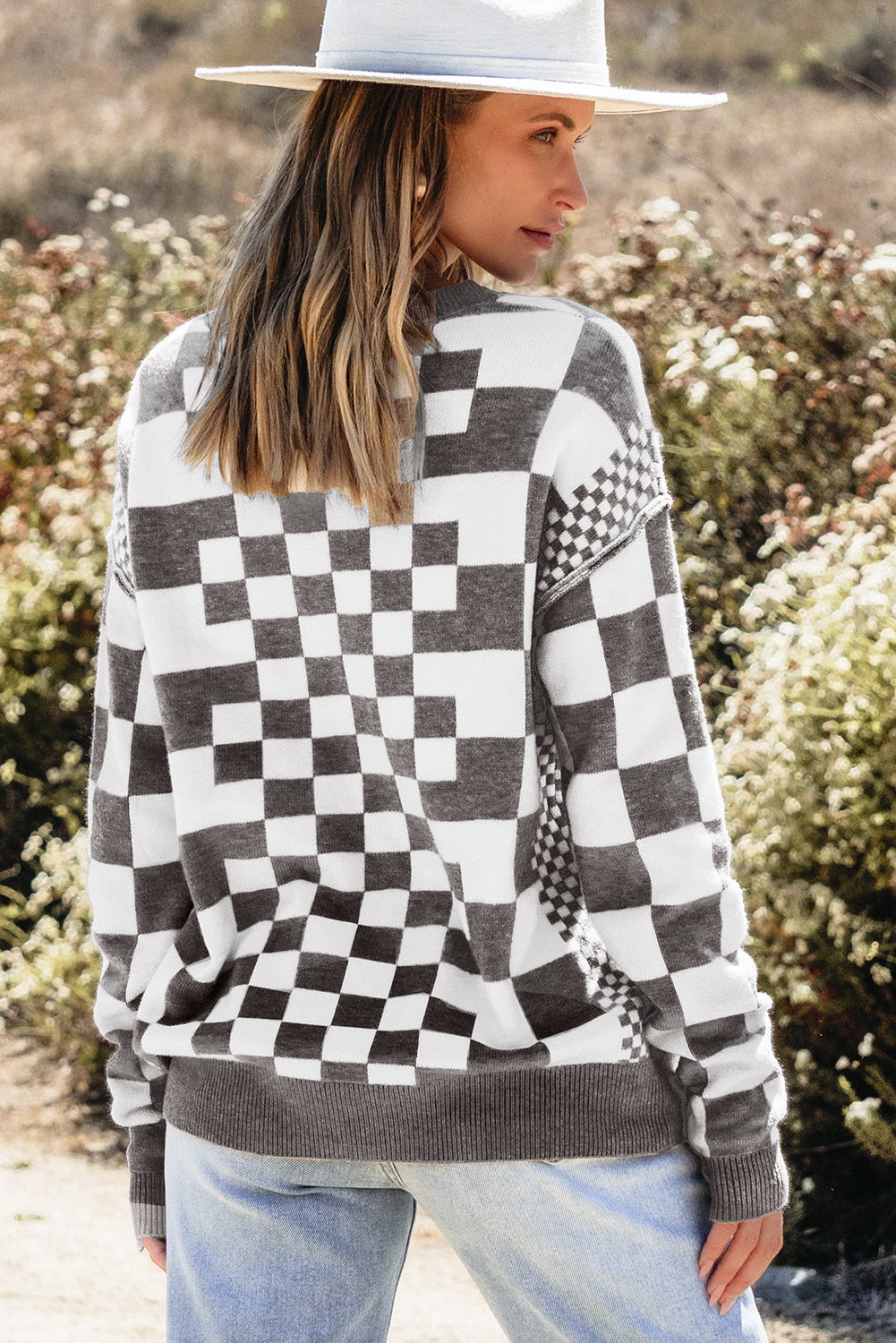 Checkered Print Drop Shoulder Round Neck Sweater | Gray