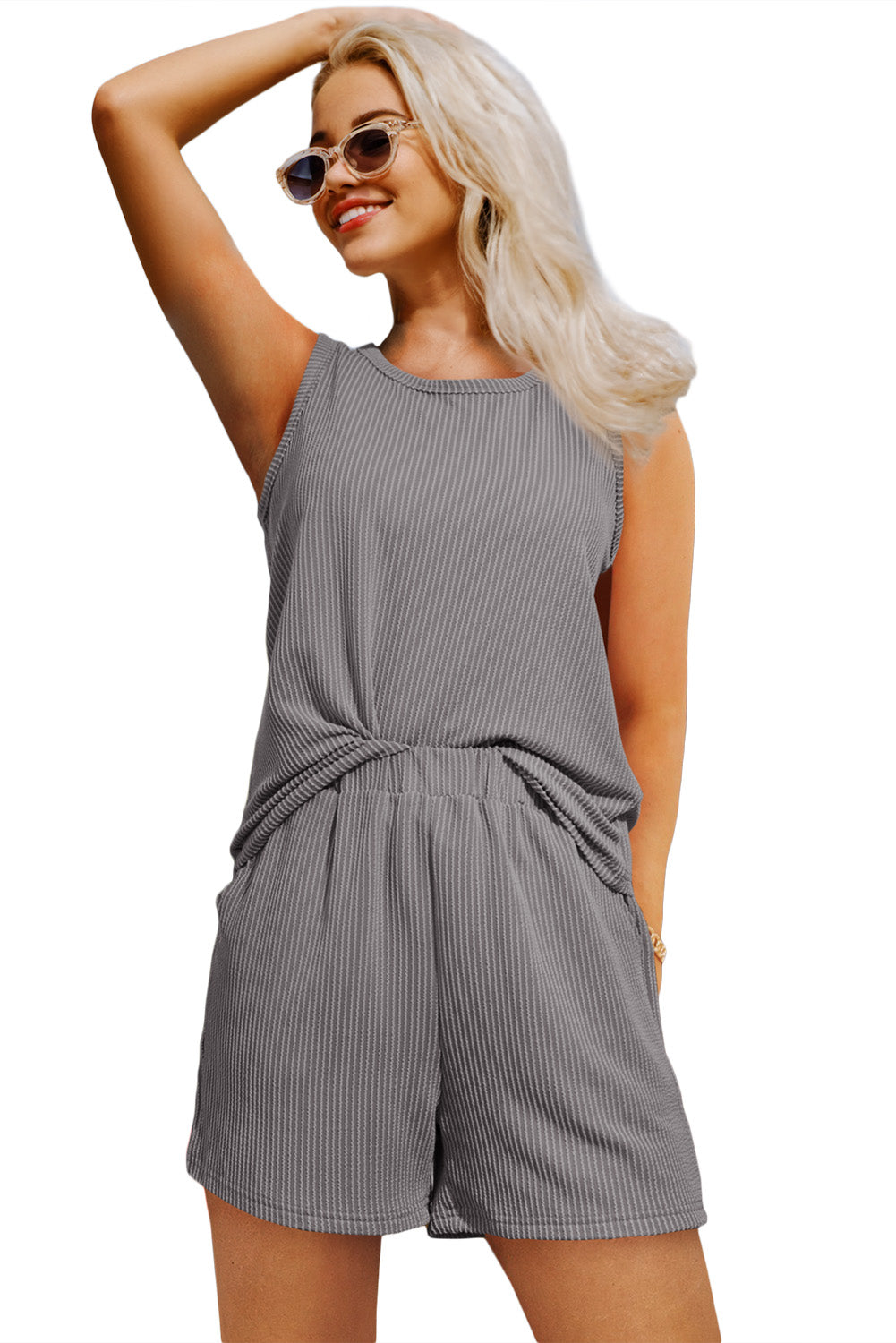 Corded Sleeveless Top And Pocketed Shorts Set | Medium Grey