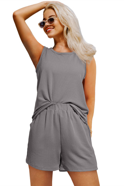 Corded Sleeveless Top And Pocketed Shorts Set | Medium Grey