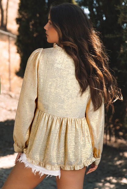 Metallic Frilled V Neck Puff Sleeve Babydoll Blouse | Gold