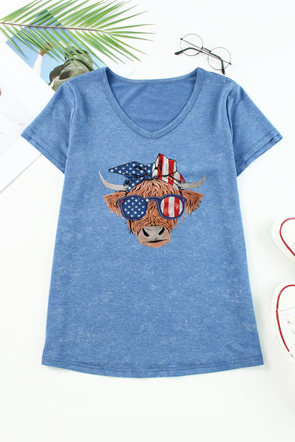 American Flag Cow Head Print V Neck Graphic T Shirt | Sky Blue