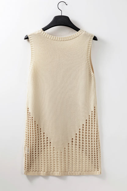 Pointelle Detail Solid Colour Knit Sweater Vest | Beige