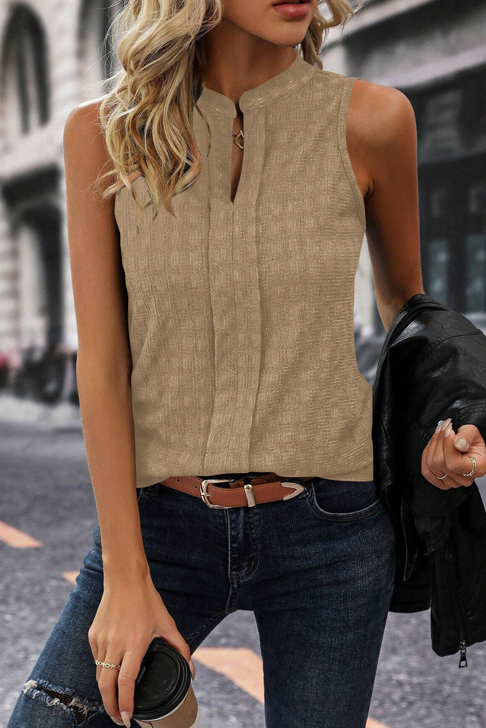 Lattice Textured Split Neck Tank Top | Light French Beige