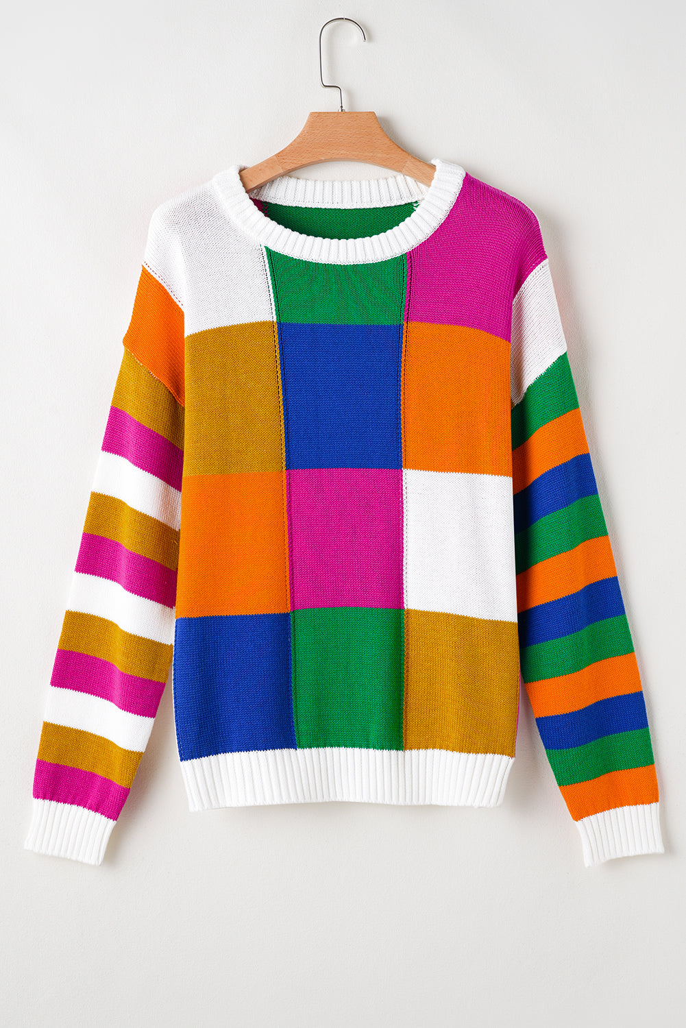 Checkered Colour Block Round Neck Loose Sweater | Orange