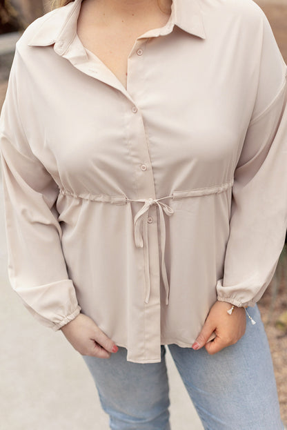 Light French Beige Plus Size Puff Sleeve Tied Tunic Shirt | Flaxen