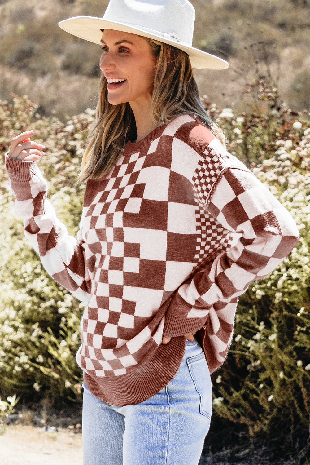 Checkered Print Drop Shoulder Round Neck Sweater | Brown