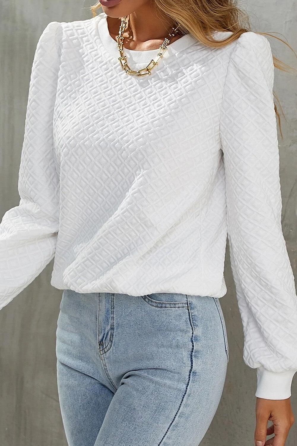 Textured Puff Long Sleeve Round Neck Top | White