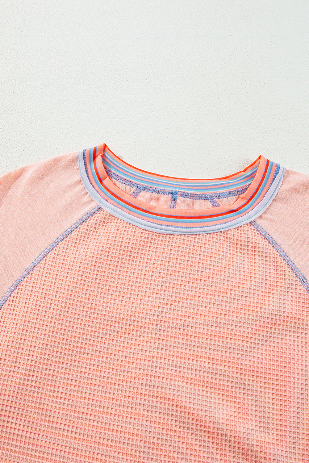 Waffle Knit Wide Bracelet Sleeve Patchwork Raglan Top | Grapefruit Orange