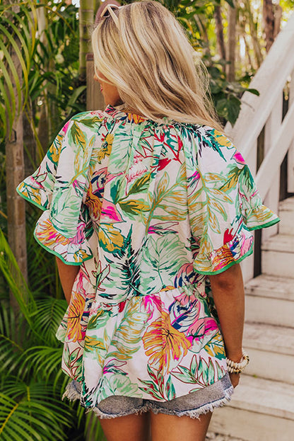 Tropical Floral Print Ruffled Short Sleeve Blouse | White