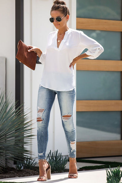 Split Collar Roll Up Sleeve Blouse | White