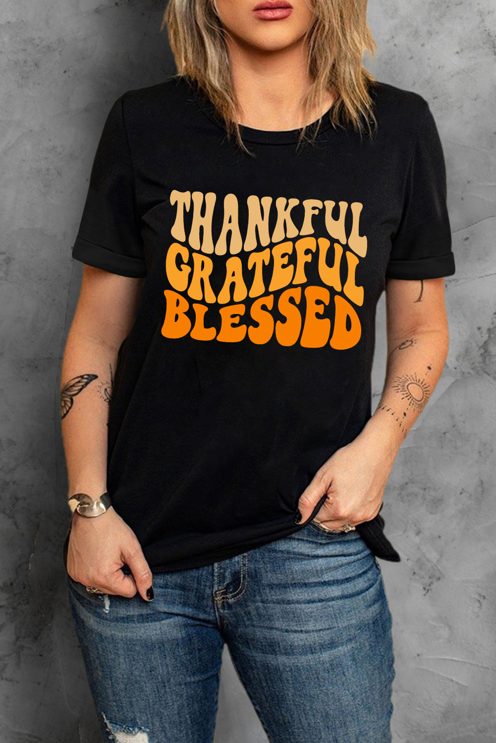 Thankful Grateful Blessed Crew Neck Graphic Tee | Black