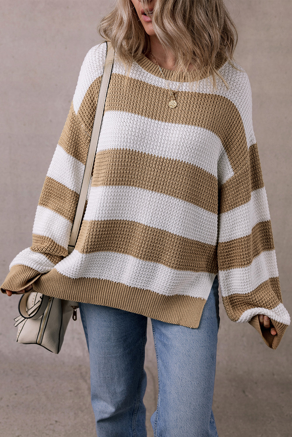 Colourblock Striped Drop Shoulder Side Slit Sweater | Light French Beige