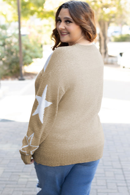 Star Pattern Drop Shoulder Plus Size Sweater | Khaki