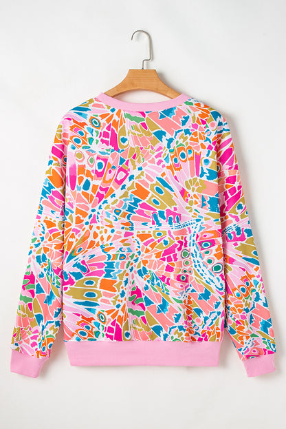 Abstract Printed Drop Shoulder Loose Sweatshirt | Pink