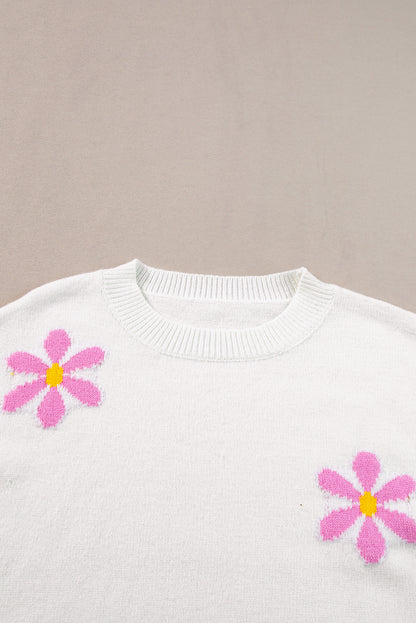 Flower Pattern Ribbed Edge Elegant Sweater | White