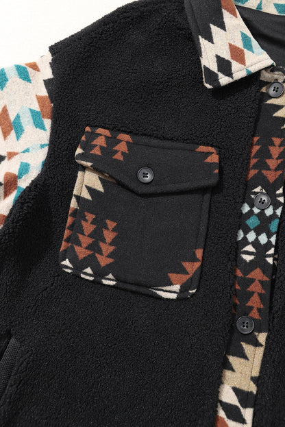 Western Aztec Print Accent Fleece Shacket | Black