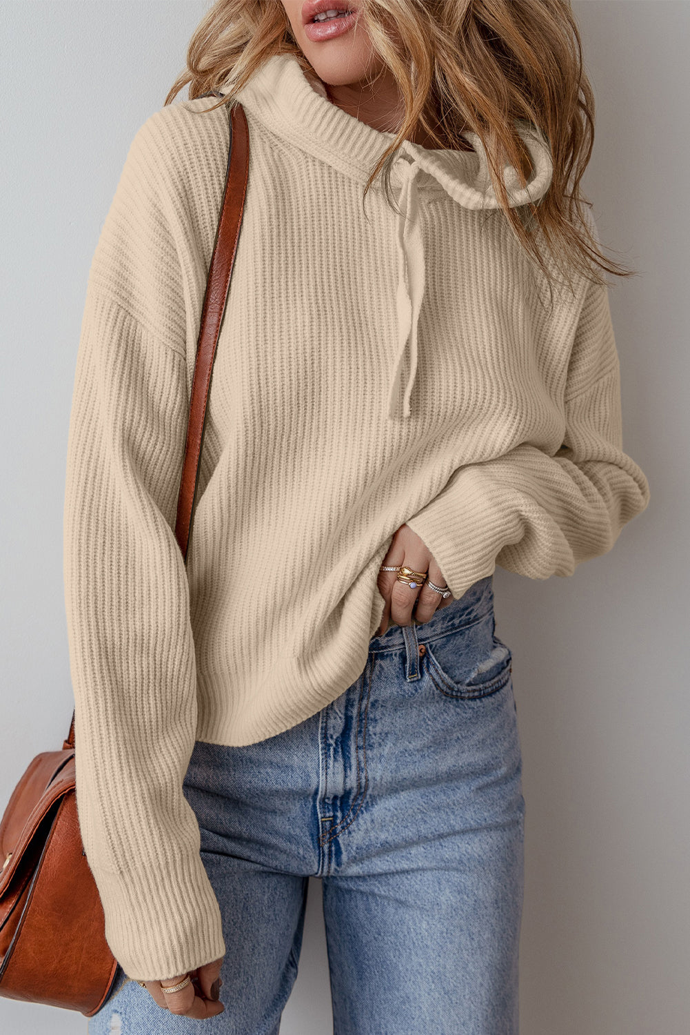 Solid Colour Drawstring Hooded Drop Shoulder Pullover Sweater | Beige