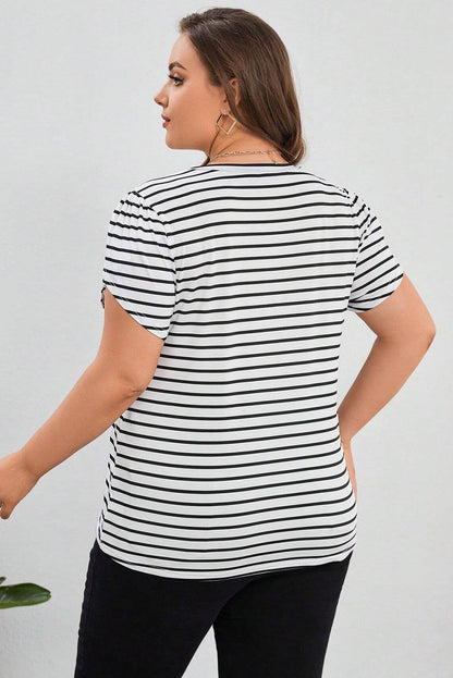 V Neck Petal Sleeve Plus Size T-Shirt | White Stripe