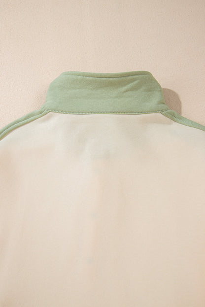 Colourblock Patchwork Buttoned Collar Kangaroo Pocket Sweatshirt | Laurel Green