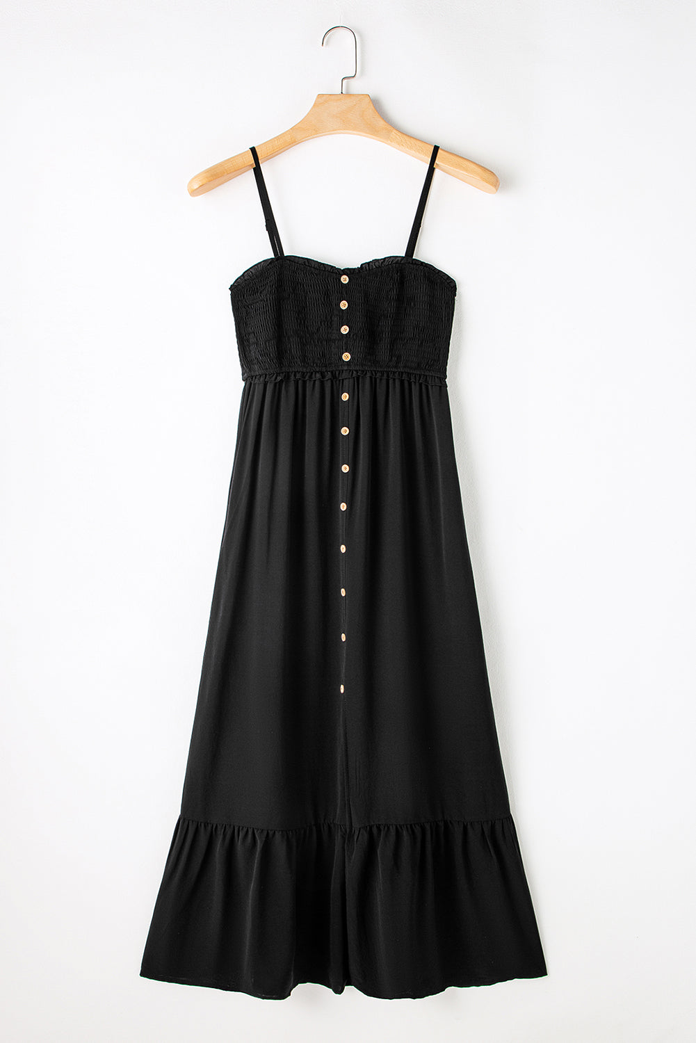 Spaghetti Straps Smocked Front Slit Buttoned Dress | Black