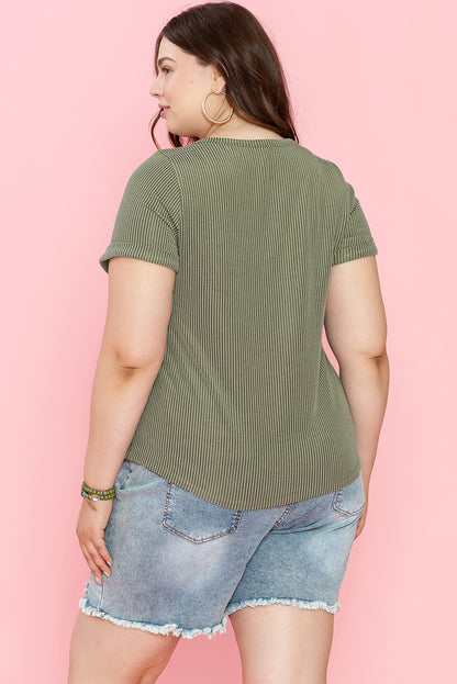 Plus Size Corded V Neck Patch Pocket Tee | Meadow Mist Green