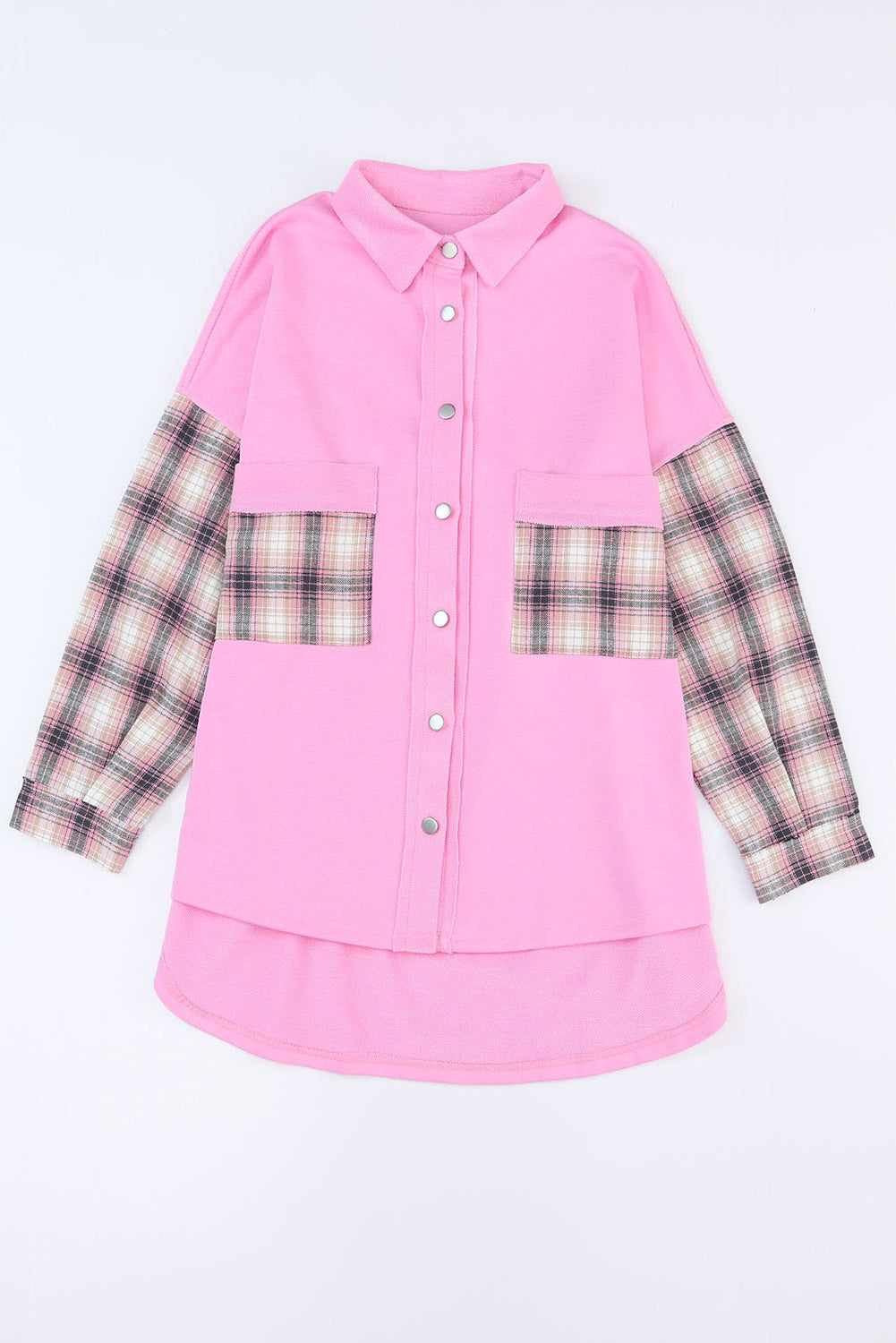 Plaid Patchwork Chest Pockets Oversized Shirt Jacket | Rose