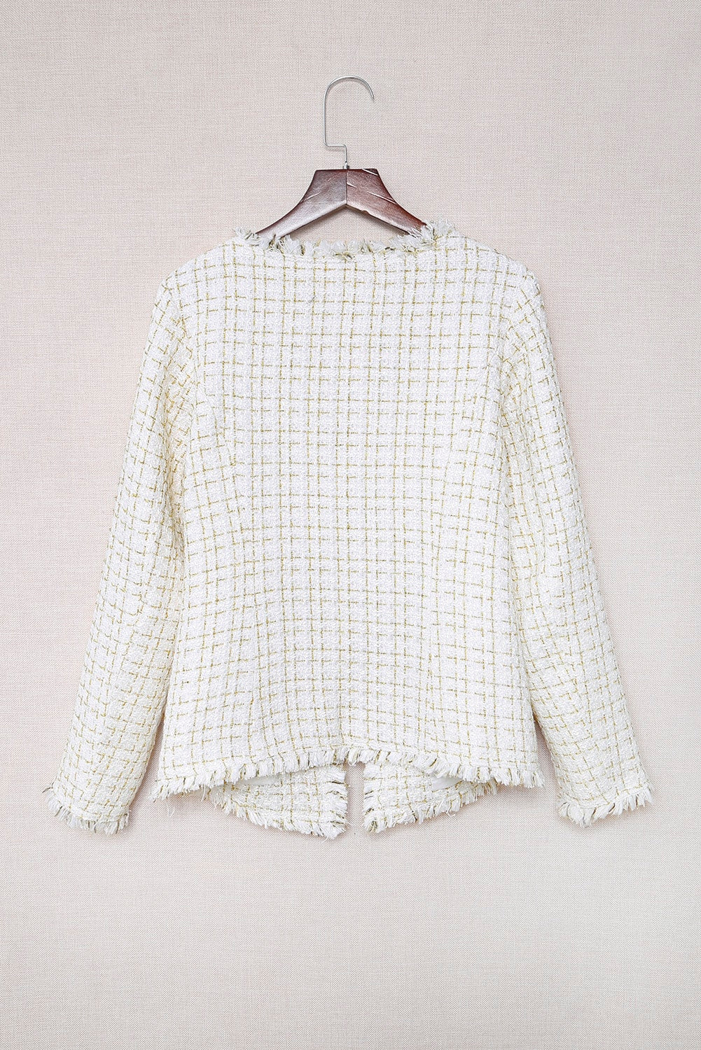 Frayed Slim-Fit Open Front Plaid Jacket | White