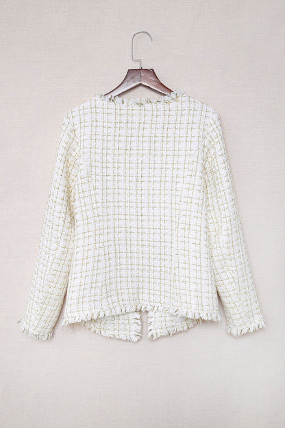 Frayed Slim-Fit Open Front Plaid Jacket | White