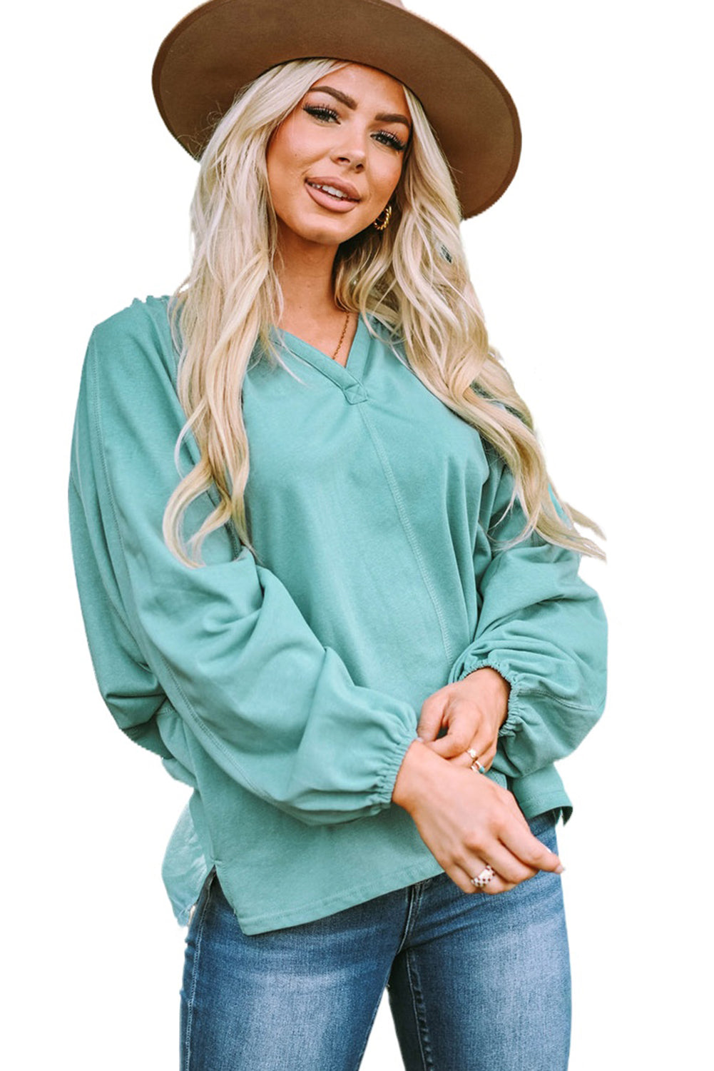 Split V Neck Dolman Top | Green