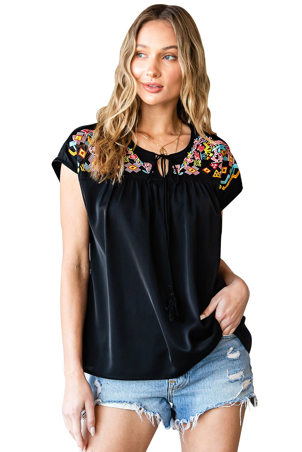 Geometric Floret Embroidered Short Sleeve Blouse | Black