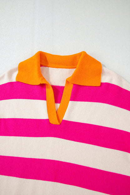 Colour Block Collared V Neck Drop Shoulder Sweater | Rose Stripe