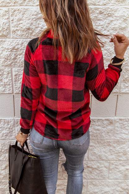 Fiery  Long Sleeve Plaid Paneled Sweatshirt | Red