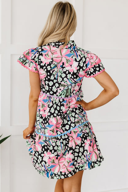 Floral Ricrac Embellished Tiered Mini Dress | Pink