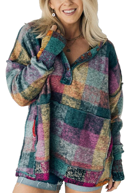 Brushed Plaid Buttoned Pullover Oversized Hoodie | Multicolour