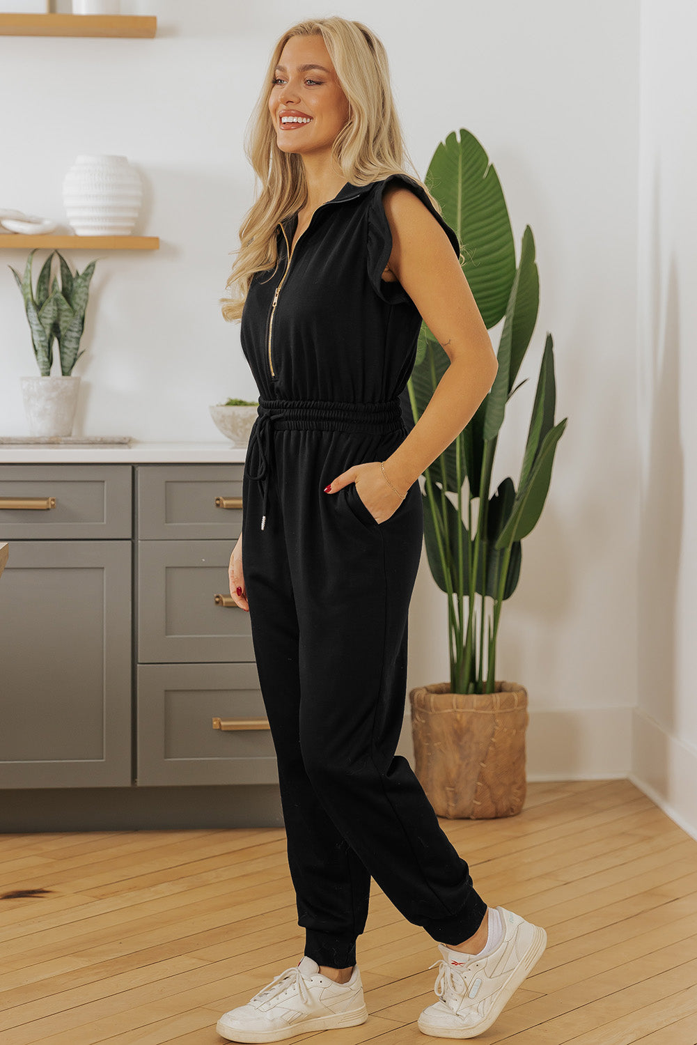 Zipper Flutter Sleeve Drawstring High Waist Jumpsuit | Black