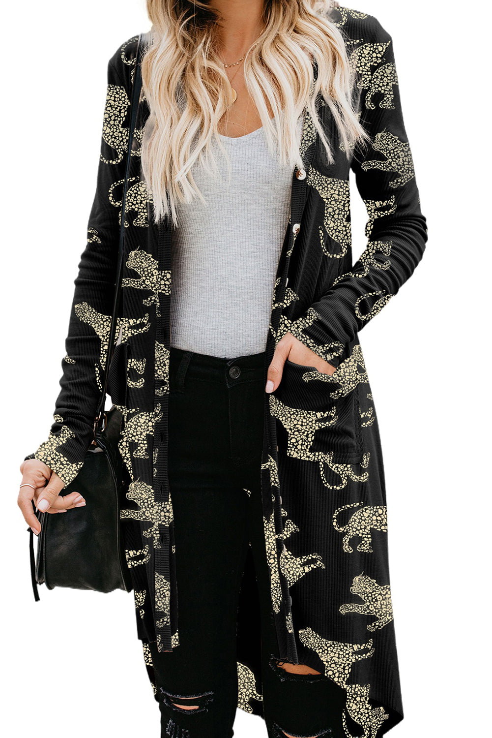 Animal Print Ribbed Knit Cardigan | Black Printed