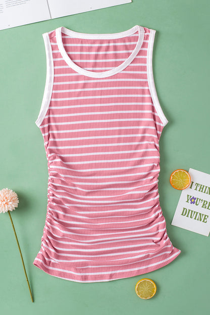 Contrast Round Neck Sleeveless Slim Top | Pink Stripe