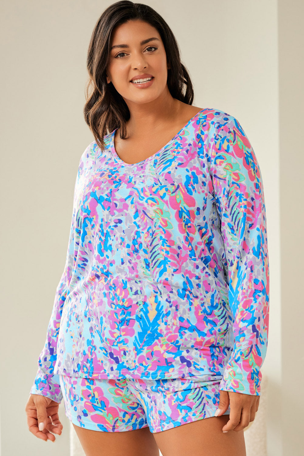 Plus Size Floral Print Long Sleeve And Shorts Lounge Outfit | Sky Blue